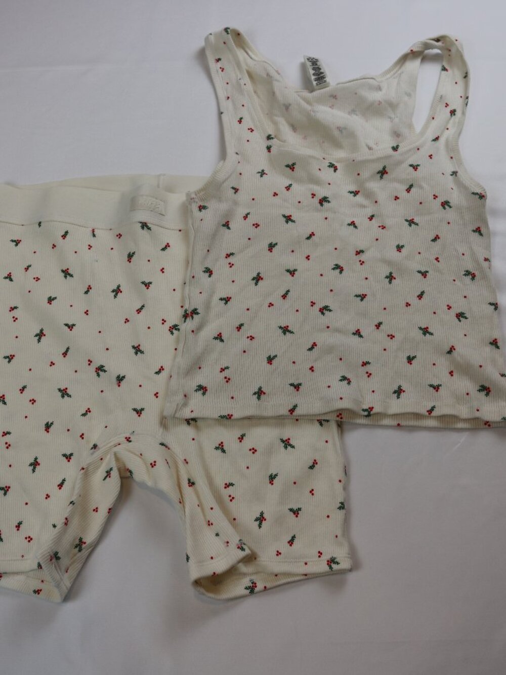 SKIMS Cream Ribbed Tank & Boxer Shorts Set with Red Cherry and Green Leaf Print